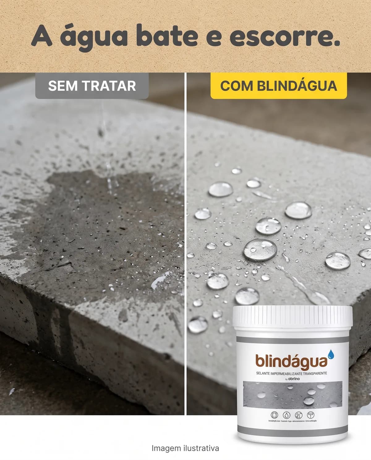 Cimento sem tratar encharcado ao lado de cimento com Blindágua, com a água em gotas