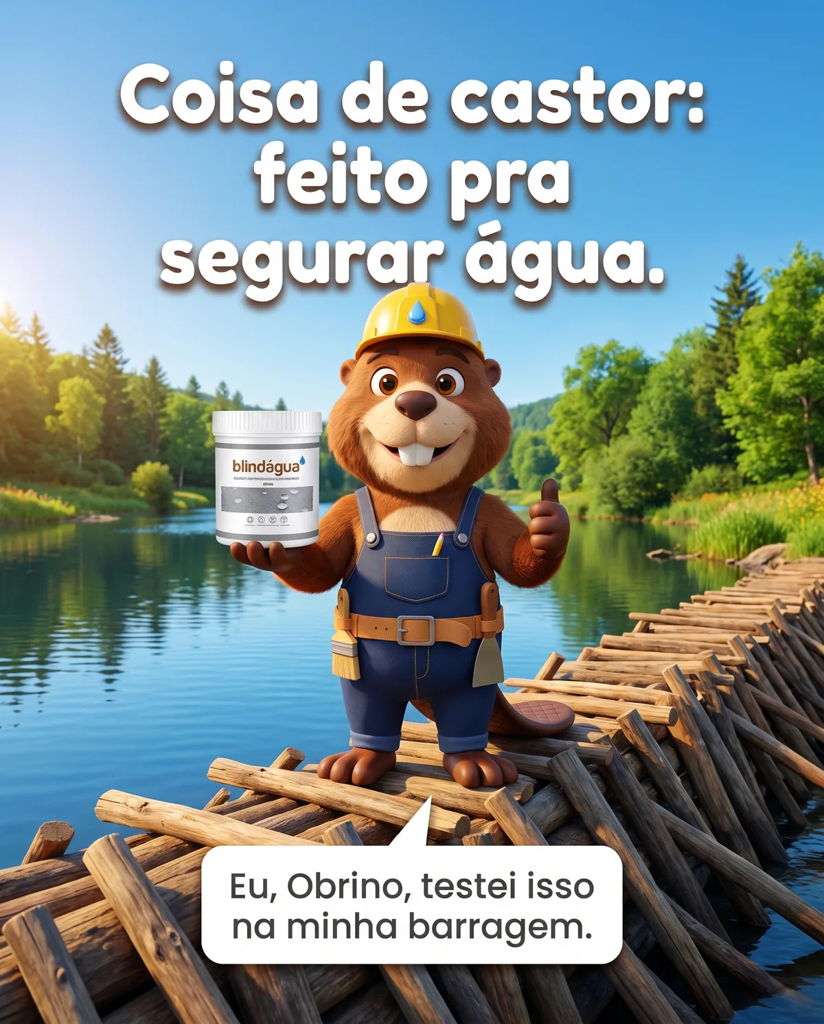 Obrino em cima da barragem segurando um pote de Blindágua