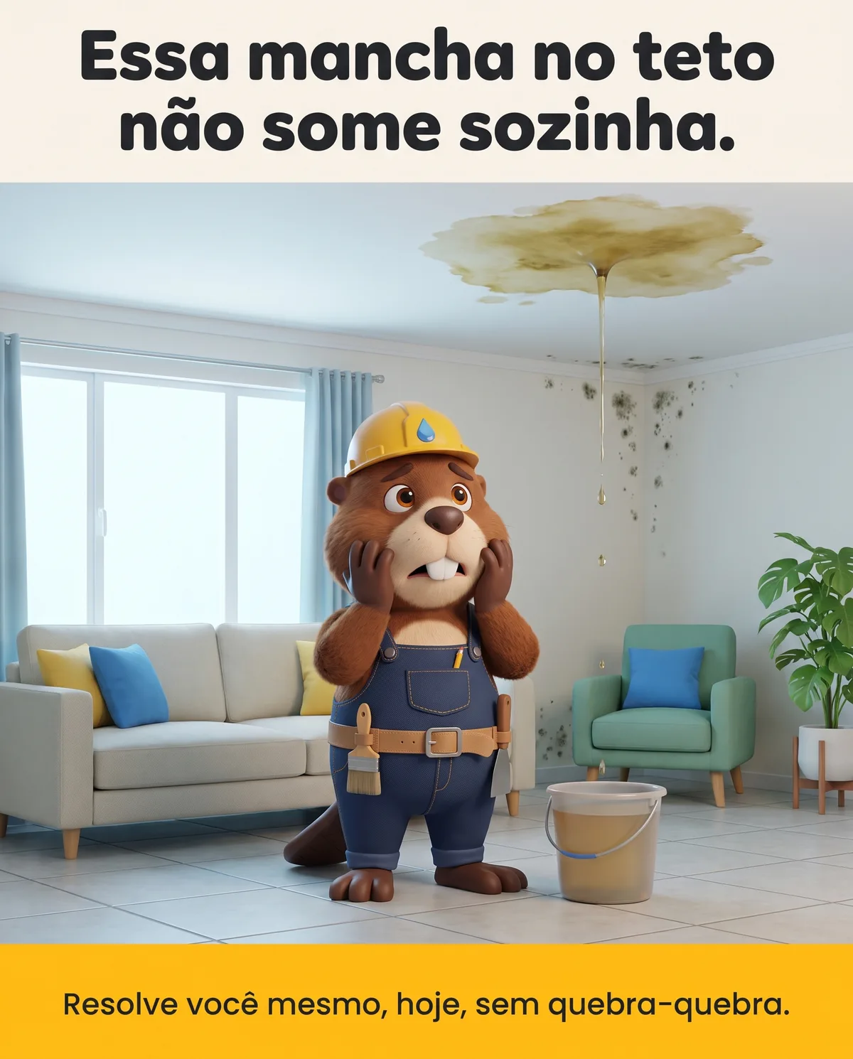 Obrino preocupado olhando uma mancha de infiltração no teto da sala